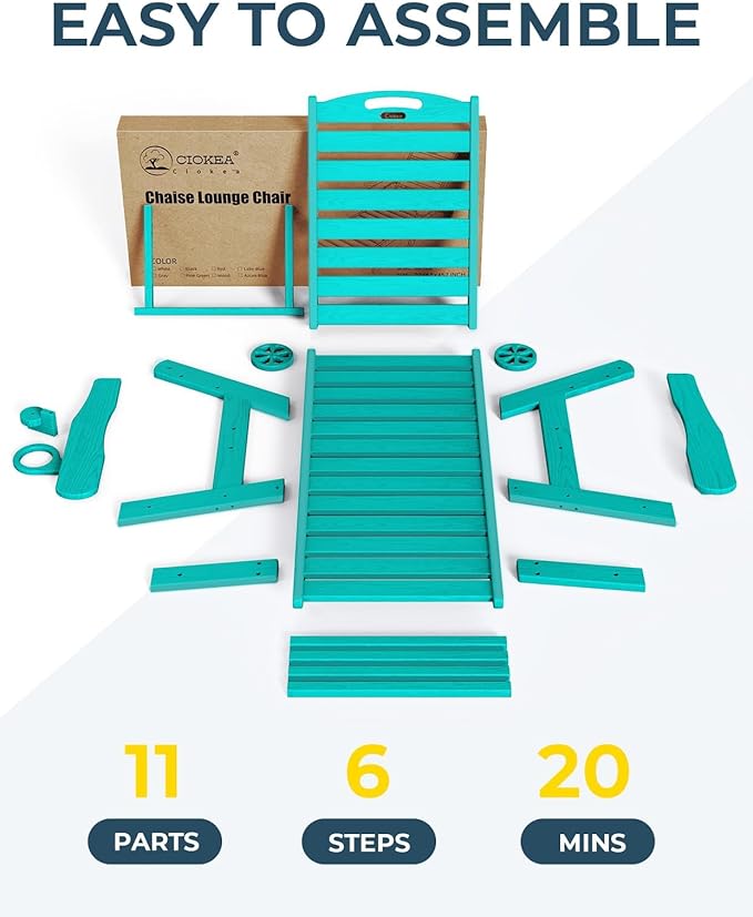 Ciokea Outdoor Chaise Lounge Chair Set of 2, Patio Lounge Chairs for Outside, HDPE Lounge Chair with Wheels & Cup Holder, Poly Chair with 5 Position for Poolside, Deck, Lake Blue