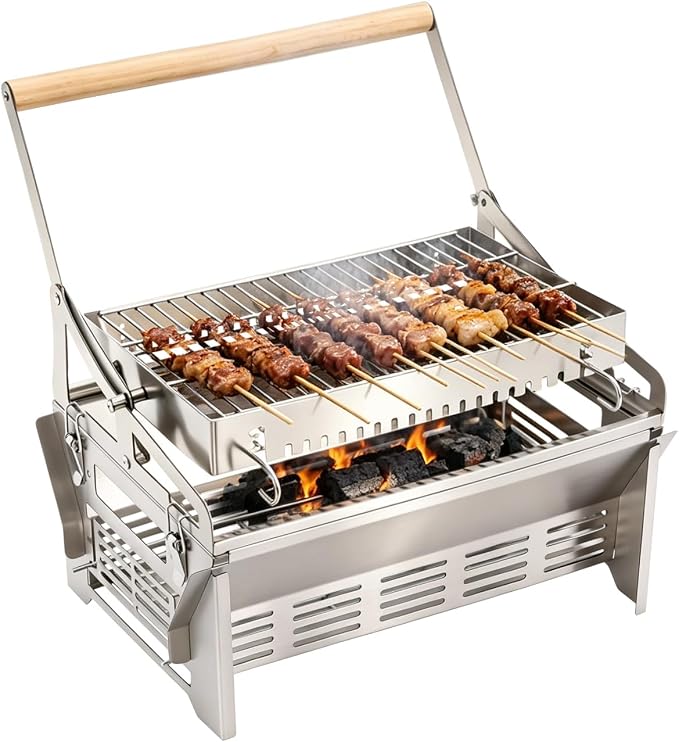 Portable Charcoal Grill Family Rotisserie Kit For Camping Yard 360°Rotating | Portable Stainless Steel Charcoal Grill Wind-Up Spit Rotisserie Kit For Camping Tailgate Backyard Picnic Barbecue Cookouts