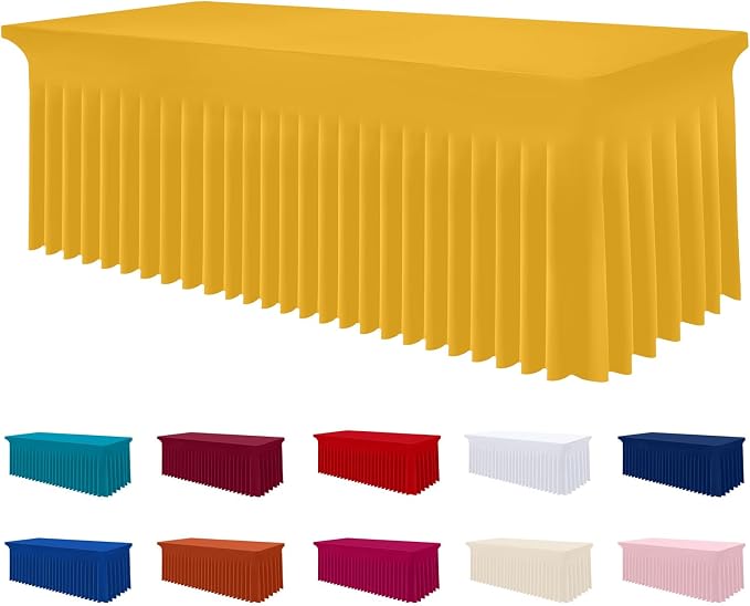 Smiry Spandex Elastic Fitted Table Cloth Skirt for 6FT Rectangle Table | Stretch Washable Table Cloth, Banquet Table Cover for Wedding, Party, Indoor & Trade Shows, (Mustard Yellow, 72Lx30Wx30H)