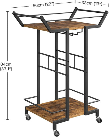 Bar Cart, 3-Tier Serving Cart with Wine Glass Rack, Drink Cart with Wheels, Rolling Beverage Cart, for Living Room, Party, Rustic Brown BC10BR