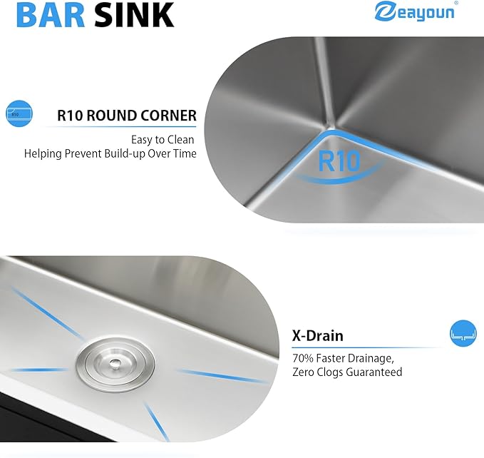 15 Drop In Bar Sink 15 x 20 Inch Kitchen Sink 18 Gauge Stainless Steel Single Bowl Topmount Handmade Sink for Outdoor, RV, 15x20x9