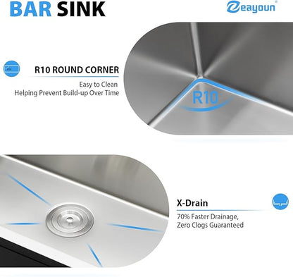 15 Drop In Bar Sink 15 x 20 Inch Kitchen Sink 18 Gauge Stainless Steel Single Bowl Topmount Handmade Sink for Outdoor, RV, 15x20x9