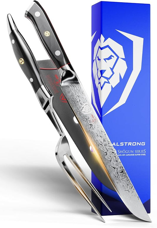 Dalstrong Slicing Brisket Knife Set Meat Fork - Carving Set - AUS-10V Japanese Steel - Premium G10 Handle - Sheath - Shogun Series Butcher Knife - Carving Knife - Slicer Boning Knife for Meat Cutting
