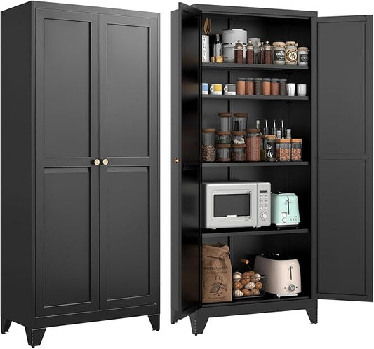 71" Tall Metal Kitchen Pantry Cabinet, Freestanding Steel Storage Cabinet with Doors, 4 Adjustable Shelves, for Dining Room, Black