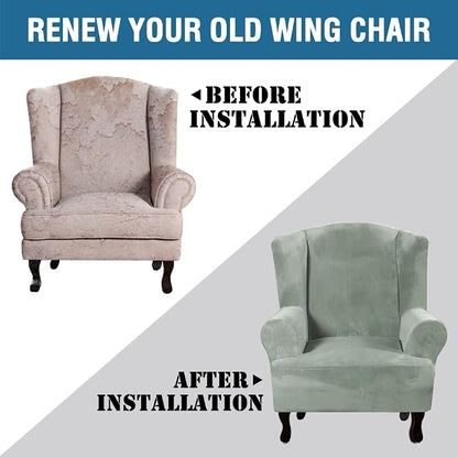 H.VERSAILTEX Wingback Chair Covers Velvet Plush Wing Chair Slipcover 1 Piece High Stretch Wing Back Chair Slipcovers Sofa Cover Furniture Cover with Elastic Bottom, Sea Grass