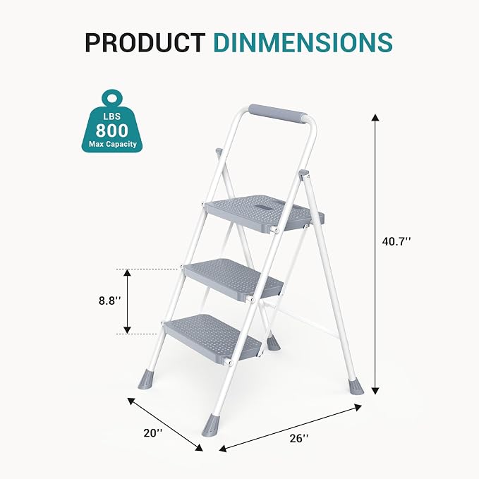 OLIXIS 3 Step Ladder, 880lbs Heavy Duty Step Stool with Anti-Slip Pedal | Portable Stepping Stool with Sturdy Ladder & Comfortable Handrail, for Kitchen, Garage & Outdoor Use, Grey