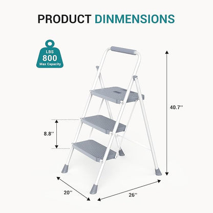 OLIXIS 3 Step Ladder, 880lbs Heavy Duty Step Stool with Anti-Slip Pedal | Portable Stepping Stool with Sturdy Ladder & Comfortable Handrail, for Kitchen, Garage & Outdoor Use, Grey