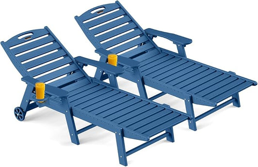Ciokea Outdoor Chaise Lounge Chair Set of 2, Patio Lounge Chairs for Outside, HDPE Lounge Chair with Wheels & Cup Holder, Poly Chair with 5 Position for Poolside, Deck, Navy Blue