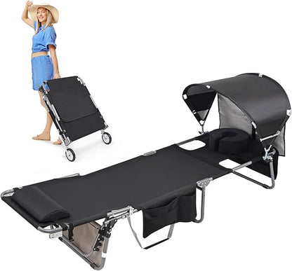 Wheel-To-Go Tanning Chair with Wheels & Sun Canopy Umbrella & Face Hole | Portable Heavy Duty Folding Lounge Chair | Outside Sunbathing Reading Beach Poolside Lawn | Lay Flat | 300 LBS (Patent Design)