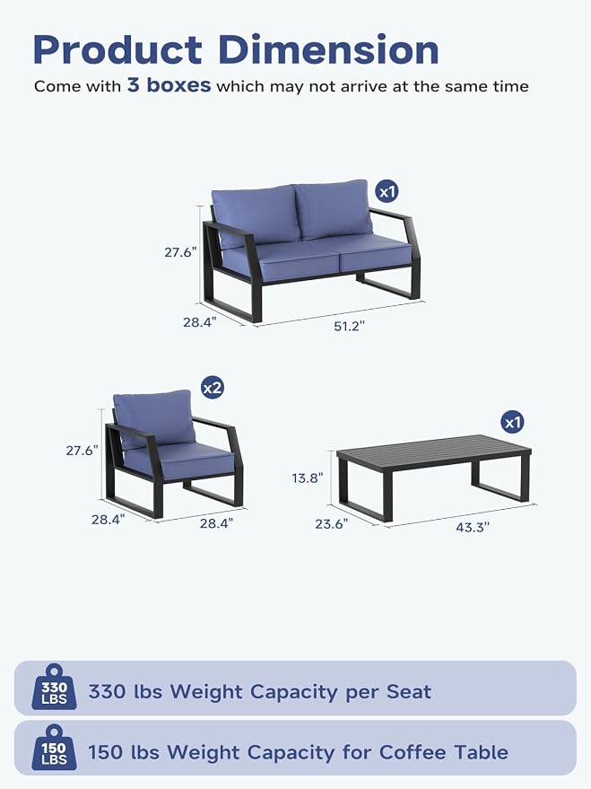 Oversized Modern Outdoor Patio Furniture Set with 5" Thick Cushions, Deep Seats & Wide Armrests, Comfortable Aluminum All-Weather Rustproof UV-Resistant Frame, 4-Seater for Garden, Backyard, Poolside