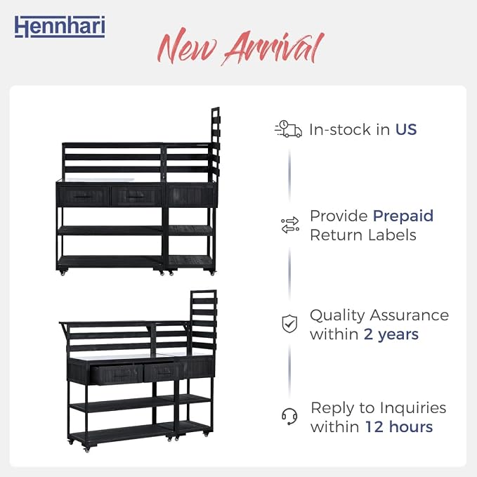 62.3'' Outdoor Kitchen Island with Stainless Steel Top and Raised Shelf, Potting Bench with Drawers and Wheels, Grill Prep Table for BBQ, Patio, Party (Black)