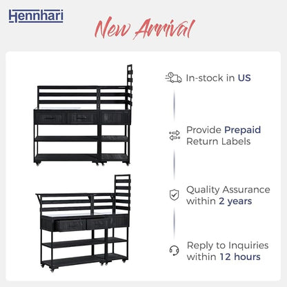 62.3'' Outdoor Kitchen Island with Stainless Steel Top and Raised Shelf, Potting Bench with Drawers and Wheels, Grill Prep Table for BBQ, Patio, Party (Black)