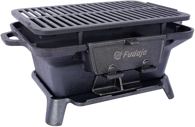 Portable Cast Iron Hibachi Grill, Tabletop Charcoal BBQ Grill with Adjustable Vent, Heavy Duty Enamel-Coated Cast Iron Griddle for Camping, Tailgating, Picnics, Backyard & Outdoor Cooking, Blac