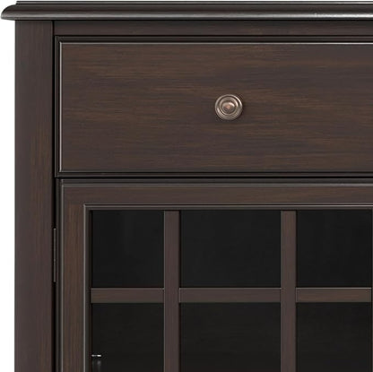 SIMPLIHOME Connaught 60" Wide Solid Wood 3-Door Buffet in Chestnut Brown | Traditional sideboard with adjustable shelves and classic molding for dining rooms; buffet, credenza or server.