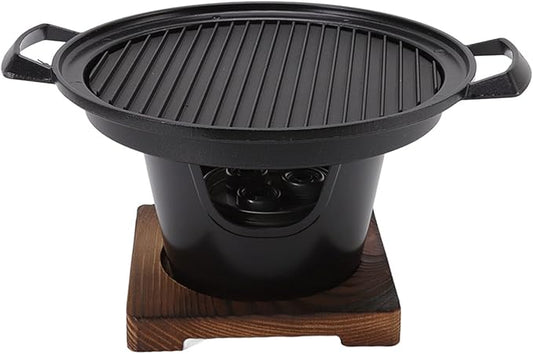 Charcoal Grill, 10.2in Portable Charcoal Grill Japanese Hibachi Grill with Wooden Base, Portable Grill Smokeless Cast Iron Hibachi Grill Grill Tabletop Grill