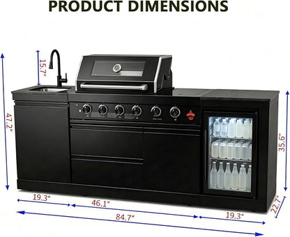 Propane Gas Outdoor Kitchen Island Grill, 4-Burner Stainless Steel Modular Outdoor Kitchen, with Refrigerator and Sink, Mobile BBQ Cooking Station for Backyard Patio