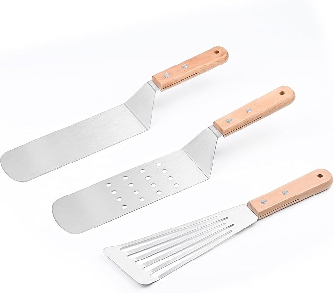 Griddle Spatula Set of 3, Stainless Steel Metal Spatulas for Flat Top Grill, BBQ Turner Set with Wooden Handles, Solid & Slotted Pancake Flippers for Smash Burgers, Fish, Teppanyaki and Cast Iron