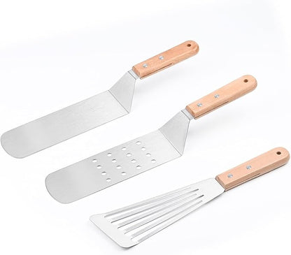Griddle Spatula Set of 3, Stainless Steel Metal Spatulas for Flat Top Grill, BBQ Turner Set with Wooden Handles, Solid & Slotted Pancake Flippers for Smash Burgers, Fish, Teppanyaki and Cast Iron