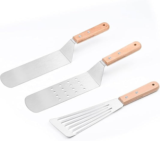 Griddle Spatula Set of 3, Stainless Steel Metal Spatulas for Flat Top Grill, BBQ Turner Set with Wooden Handles, Solid & Slotted Pancake Flippers for Smash Burgers, Fish, Teppanyaki and Cast Iron
