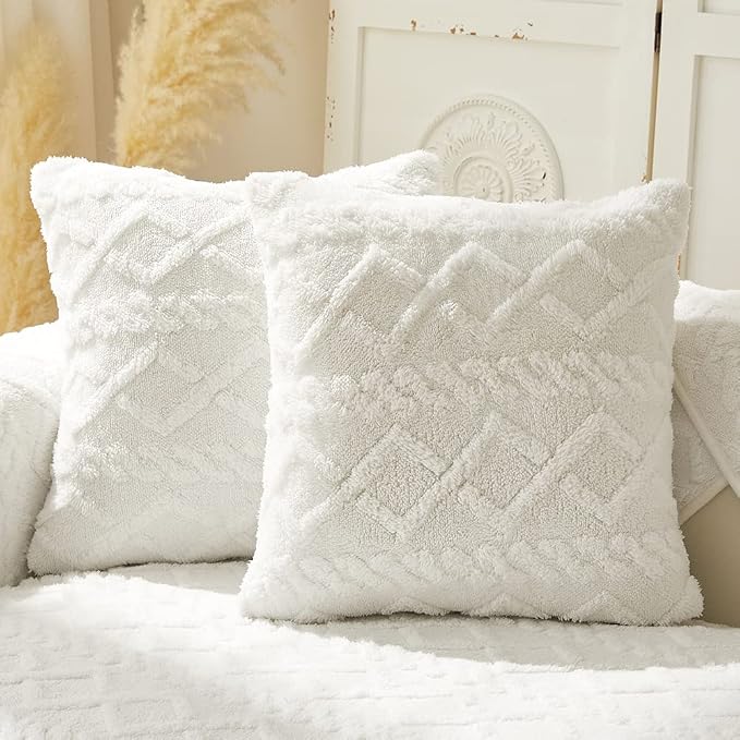 vctops Pack of 2 Geometric Jacquard Plush Throw Pillow Covers for Couch Bed Sofa Farmhouse Neutral Solid Color Soft Cushion Covers (White,18"x18")