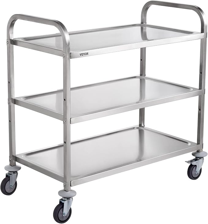 VEVOR Extra Large Utility Cart, 3 Tier Rolling Cart with Adjustable Shelf, Stainless Steel Kitchen Serving Cart with Swivel Casters Brake Wheels, Metal Food Storage Service Trolley, 37"L x 20"D x 37"H