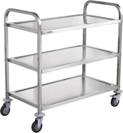 VEVOR Extra Large Utility Cart, 3 Tier Rolling Cart with Adjustable Shelf, Stainless Steel Kitchen Serving Cart with Swivel Casters Brake Wheels, Metal Food Storage Service Trolley, 37"L x 20"D x 37"H
