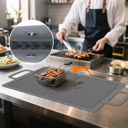 Large Silicone Grill Mat, Heat Resistant Non-Slip BBQ Mat, Foldable Grill Side Shelf Pad with Snap Buttons, Food-Grade, Convertible Storage Bag for BBQ Utensils & Accessories, Gray