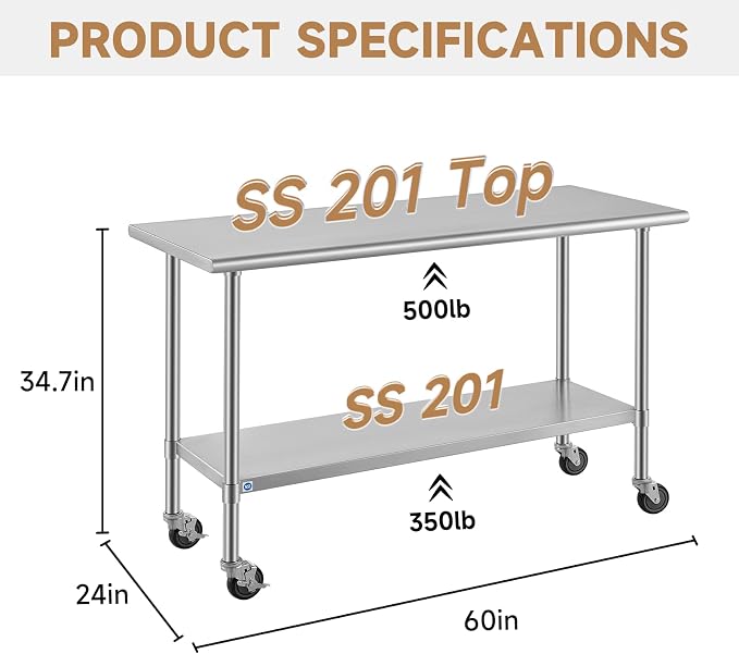 ROCKPOINT All Stainless Steel Prep Table with Caster 24x60 Inch, Commercial Heavy Duty Workbench with Stainless Legs & Adjustable Undershelf, 850 lb Capacity for Outdoor Kitchens with Wheel