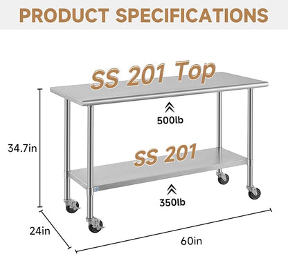 ROCKPOINT All Stainless Steel Prep Table with Caster 24x60 Inch, Commercial Heavy Duty Workbench with Stainless Legs & Adjustable Undershelf, 850 lb Capacity for Outdoor Kitchens with Wheel