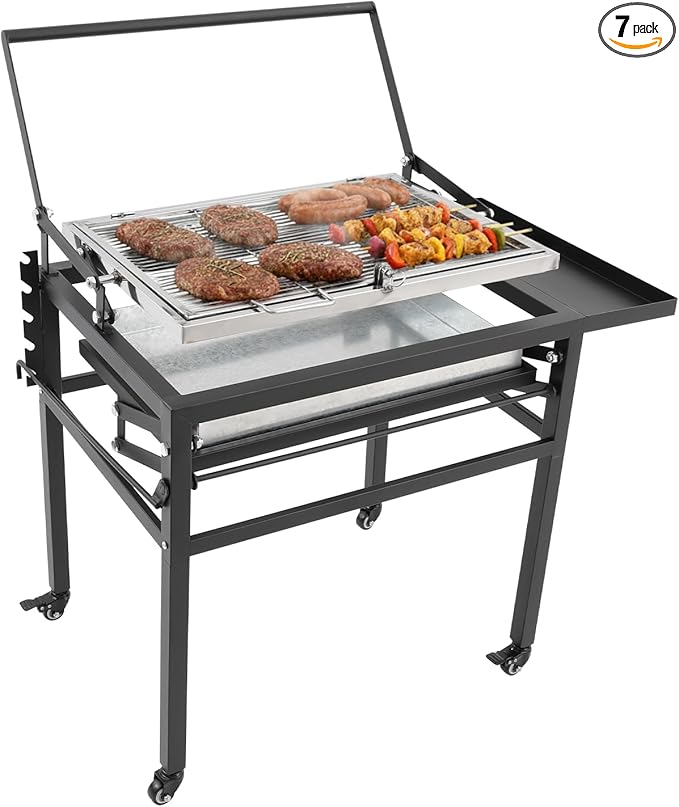 360° Rotating BBQ Charcoal Grill with Wheels, Movable Barbecue Grill Stand-up Detachable Portable Outdoor Charcoal Grill for Camping Garden Commercial Backyard, Heavy Duty Square, 23.6"x16.5" Grid