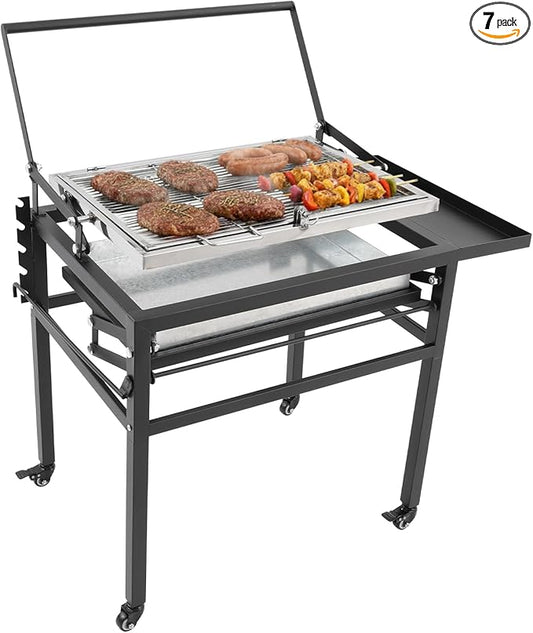 360° Rotating BBQ Charcoal Grill with Wheels, Movable Barbecue Grill Stand-up Detachable Portable Outdoor Charcoal Grill for Camping Garden Commercial Backyard, Heavy Duty Square, 23.6"x16.5" Grid