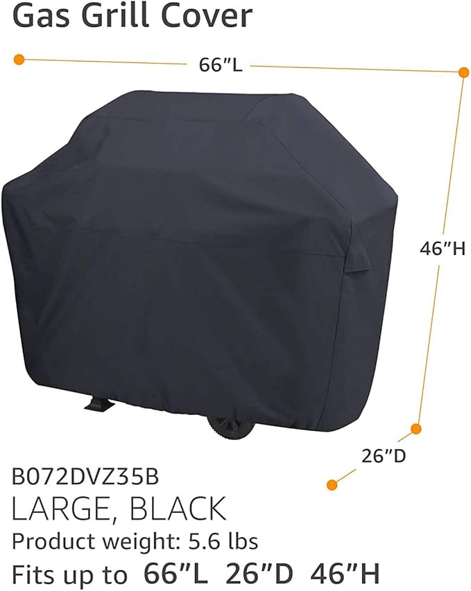 Amazon Basics Gas Grill Cover for Outdoor, Waterproof, Anti-UV, Water Resistant, All Weather Protection, Durable, 66 inch, Large, Black