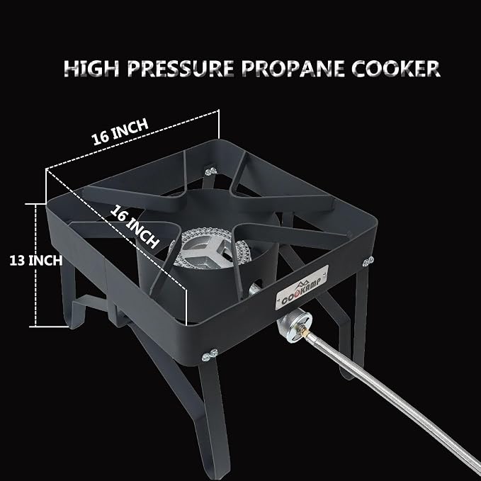 COOKAMP High Pressure Gas Cooker Outdoor Propane Burner with 0-20 PSI Adjustable Regulator and Steel Braided Hose (STEEL-SA1100)