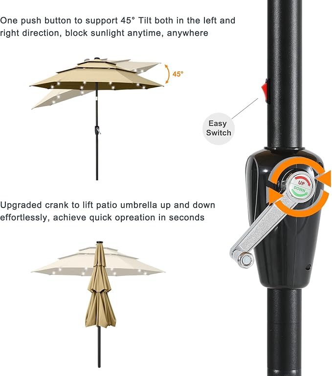ABCCANOPY 3-Tiers 9FT Solar Patio Umbrella, Outdoor Umbrella with 32 LED Lights for for Pool, Garden, Backyard (Soft Khaki)