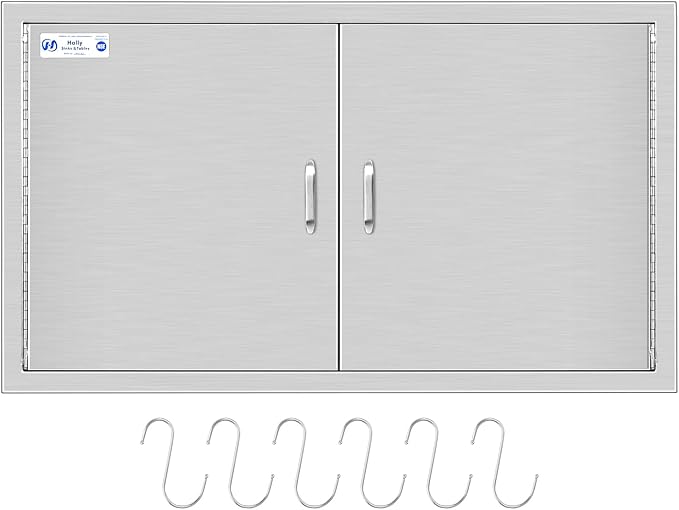 Hally BBQ Access Door 36" W x 21" H of 304 Stainless Steel Double Doors with 2 Detachable Handles and 6 Hooks, Outdoor Kitchen Doors for BBQ Island, Grilling Station, Outdoor Cabinet