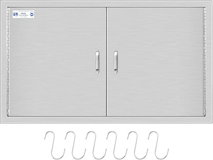 Hally BBQ Access Door 36" W x 21" H of 304 Stainless Steel Double Doors with 2 Detachable Handles and 6 Hooks, Outdoor Kitchen Doors for BBQ Island, Grilling Station, Outdoor Cabinet