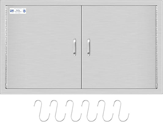 Hally BBQ Access Door 36" W x 21" H of 304 Stainless Steel Double Doors with 2 Detachable Handles and 6 Hooks, Outdoor Kitchen Doors for BBQ Island, Grilling Station, Outdoor Cabinet