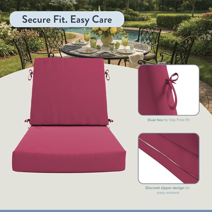 California Umbrella Outdoor Dining Chair, Set of 4 Patio Seat Cushions, 20 x 40 Inch, Premium Outdoor Memory Foam, Fade Resistant, Sunbrella Fabric, Fabric Ties, Hot Pink