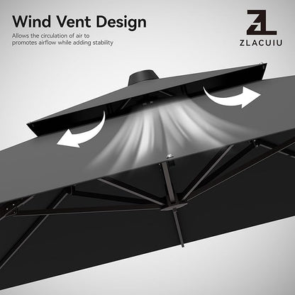 9x12FT Grey Cantilever Outdoor Patio Umbrella with Base, Large Rectangular Offset Design, Double Top Heavy Duty Aluminum Frame & 360° Rotation for Pool Garden Deck Backyard, Beige