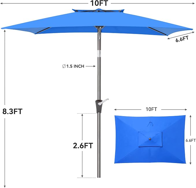 6.6 x 10 ft Rectangular Patio Umbrella, Outdoor Market Table Umbrella with Push Button Tilt and Crank, Double-Tier Vent, 6 Ribs, Rectangle Patio Umbrella for Backyard, Deck, Pool, Fits 4–6 Chairs and Tables (Blue)
