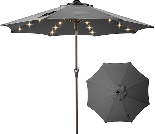 9FT Solar-Powered LED Patio Umbrella with Tilt Crank,Outdoor Market Umbrella with 32 Lights,Sunshade for Deck, Garden and Pool