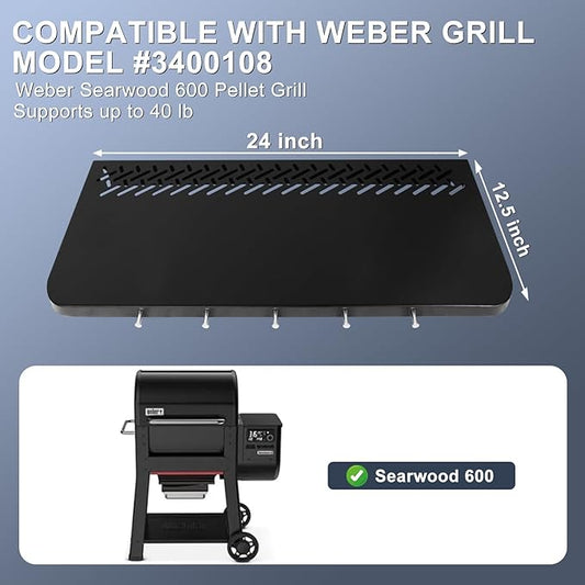 KEESHA Folding Front Table for Weber Searwood 600 Pellet Grill, Replace Weber 3400108, Heavy-Duty Grill Accessories for Food Prep and Storage, 24" x 12.5"