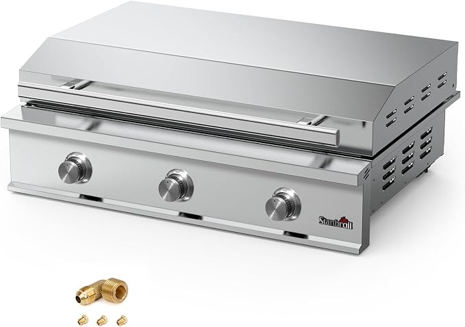 Stanbroil 36-Inch Built-In Natural Gas Griddle for Outdoor Kitchen | 304 Stainless Steel Flat Top Grill, 3 Burners, 42,000 BTU, Removable Grease Tray, Hinged Lid, Independent Heat Control