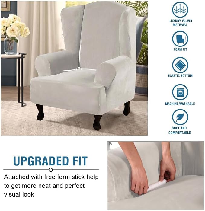 H.VERSAILTEX Wingback Chair Covers Velvet Plush Wing Chair Slipcover 1 Piece High Stretch Wing Back Chair Slipcovers Sofa Cover Furniture Cover with Elastic Bottom, Oatmeal