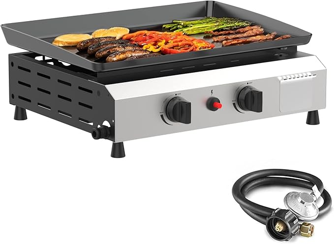 SKOK 2 Burner Gas Griddle-17 Inch Outdoor Propane Griddle- 20000 BTU Propane Fuelled, Portable Flat Top Gas Grill Camping Griddle Station for Kitchen, BBQ, Tailgating or Picnicking