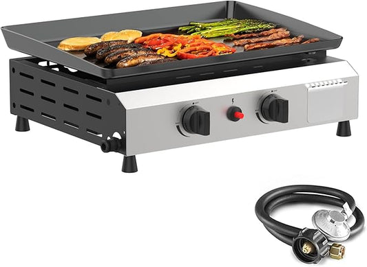 SKOK 2 Burner Gas Griddle-17 Inch Outdoor Propane Griddle- 20000 BTU Propane Fuelled, Portable Flat Top Gas Grill Camping Griddle Station for Kitchen, BBQ, Tailgating or Picnicking