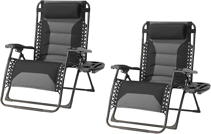 Zero Gravity Chair Set of 2 Oversized Padded Recliner with Adjustable Headrest & Cup Holder - 600D Oxford Folding Lounge Chair for Outdoor Camping, Patio, Poolside (Black & Gray)
