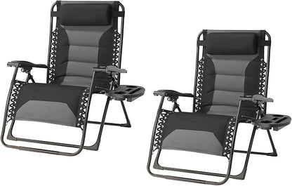 Zero Gravity Chair Set of 2 Oversized Padded Recliner with Adjustable Headrest & Cup Holder - 600D Oxford Folding Lounge Chair for Outdoor Camping, Patio, Poolside (Black & Gray)