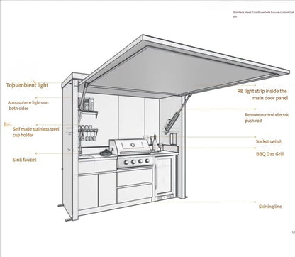 Outdoor Kitchen Set for Catering & Hospitality, Fully Equipped with BBQ Grill, Fridge, Side Burner, Sink, Locking Drawers, Large Prep Space– Prefab Modular Kit for Backyard, Balcony, Rooftop
