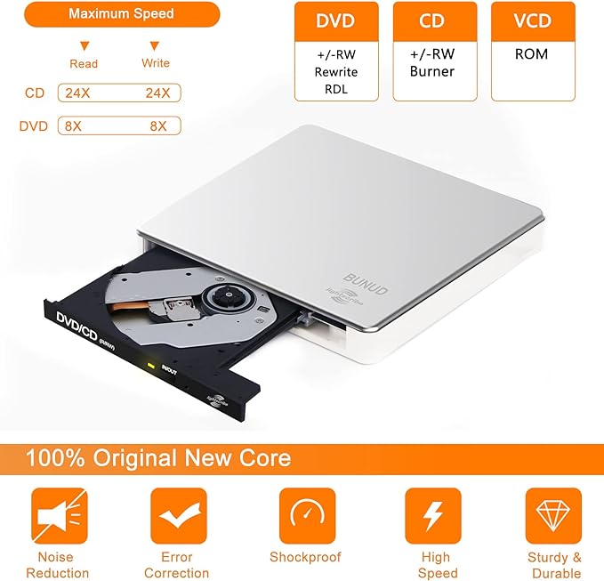 External CD DVD Drive LightScribe CD/DVD +/-RW Burner Player Writer Optical Disk Reader Portable CD DVD Drive for Laptop Mac MacBook PC Windows 11 10 Linux OS